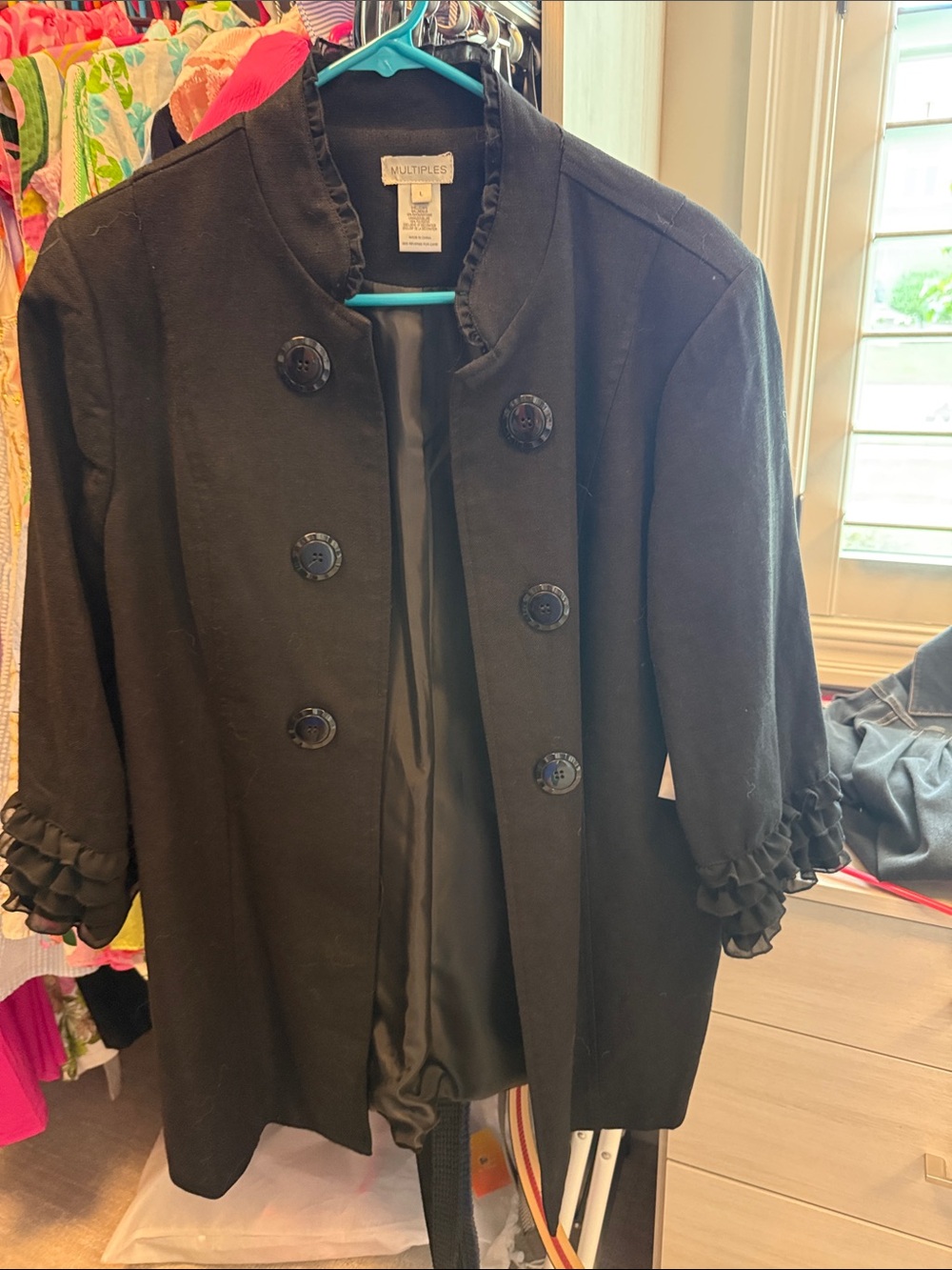 Multiples Black Double-Breasted Blazer with Ruffle Cuffs, never worn